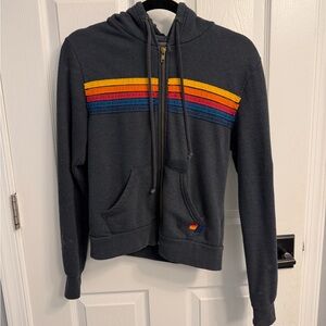 Aviator Nation Black Zip Hoodie with Yellow, Orange, Red & Navy Stripes